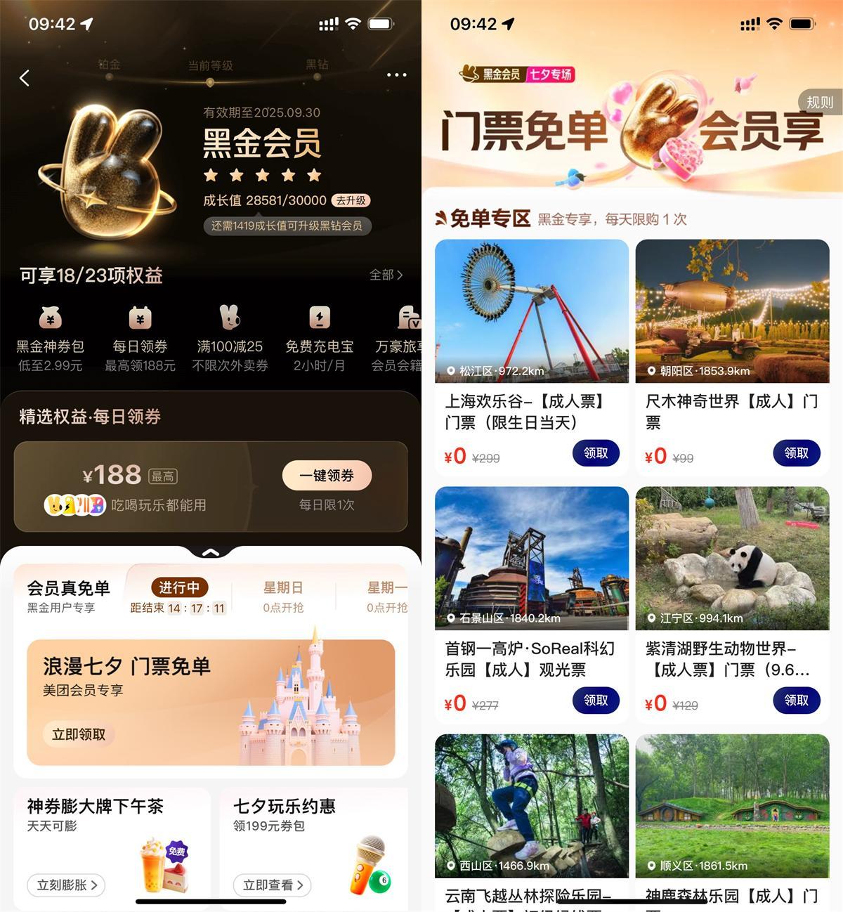 美团黑金黑钻会员领门票免单-聚合资源